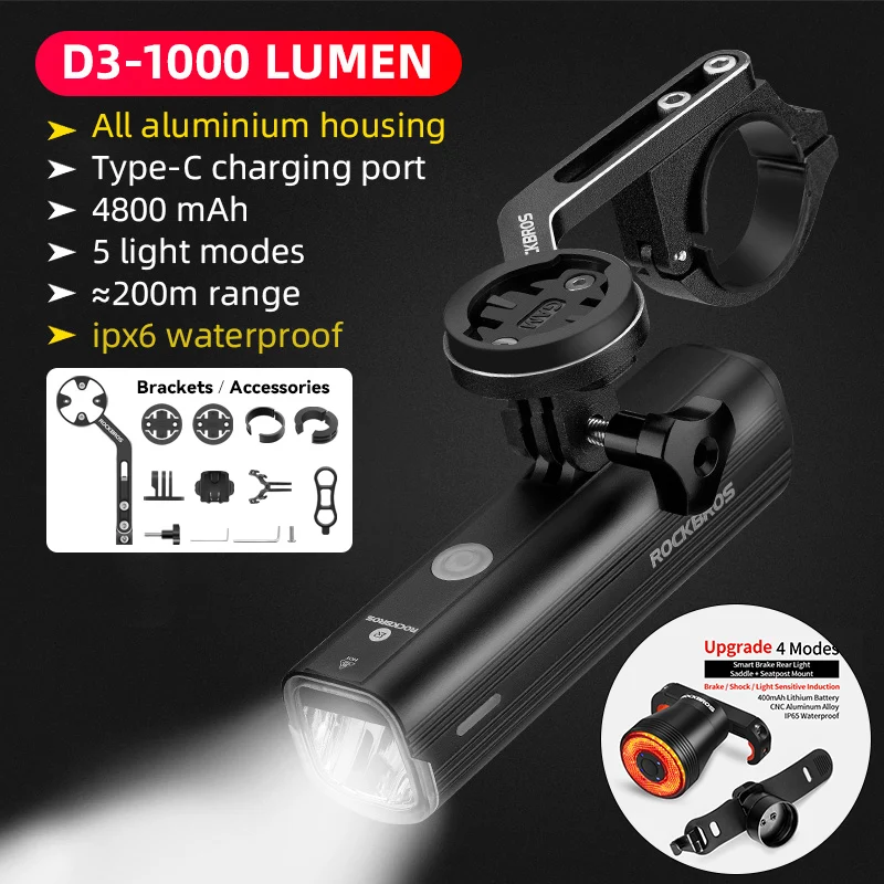 

ROCKBROS Front Bicycle Light 1000LM 4800mAH Bike Light Aluminium Alloy Highlight Gopro Headlight MTB Road Cycling Flashlight