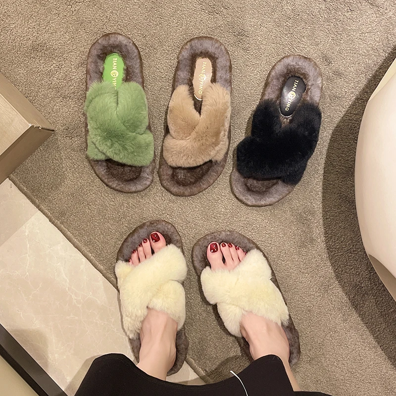 

Тапки женские меховые, сланцы, плюшевые шлепанцы на платформе, ПУ кожа, роскошная Массажная обувь, низкая подошва, 2022