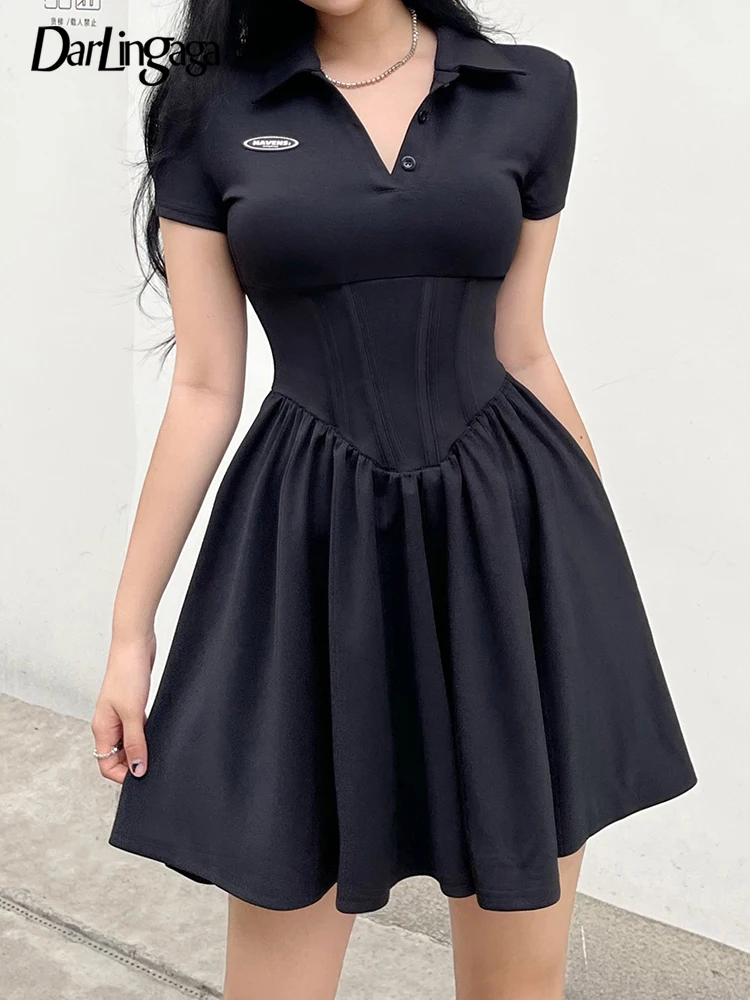 

Darlingaga Black Turn-Down Collar Casual Women's Dresses Mini Corset Patchwork Korean Fashion Slim Summer Pleated Dress Outfits