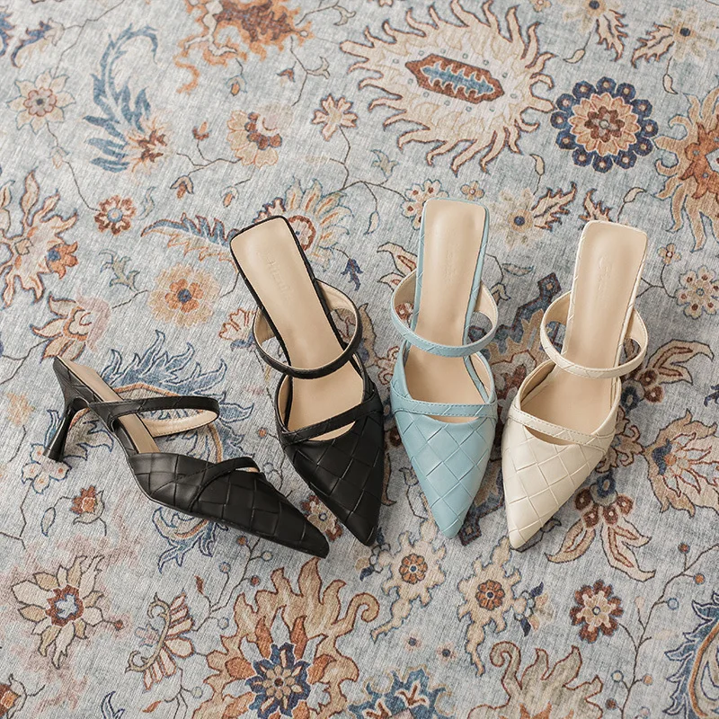 2021 Spring New Women's Half-slippers High Heel Thin Strap Muler shoes Pointed Slingbacks Comfortable Single shoes