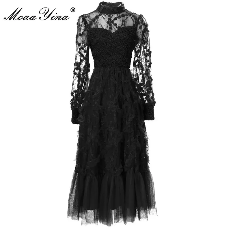 MoaaYina Fashion Runway Spring Dress Women's Stand Neck Applique Long sleeve High waist Black Mesh Vintage Party Dresses