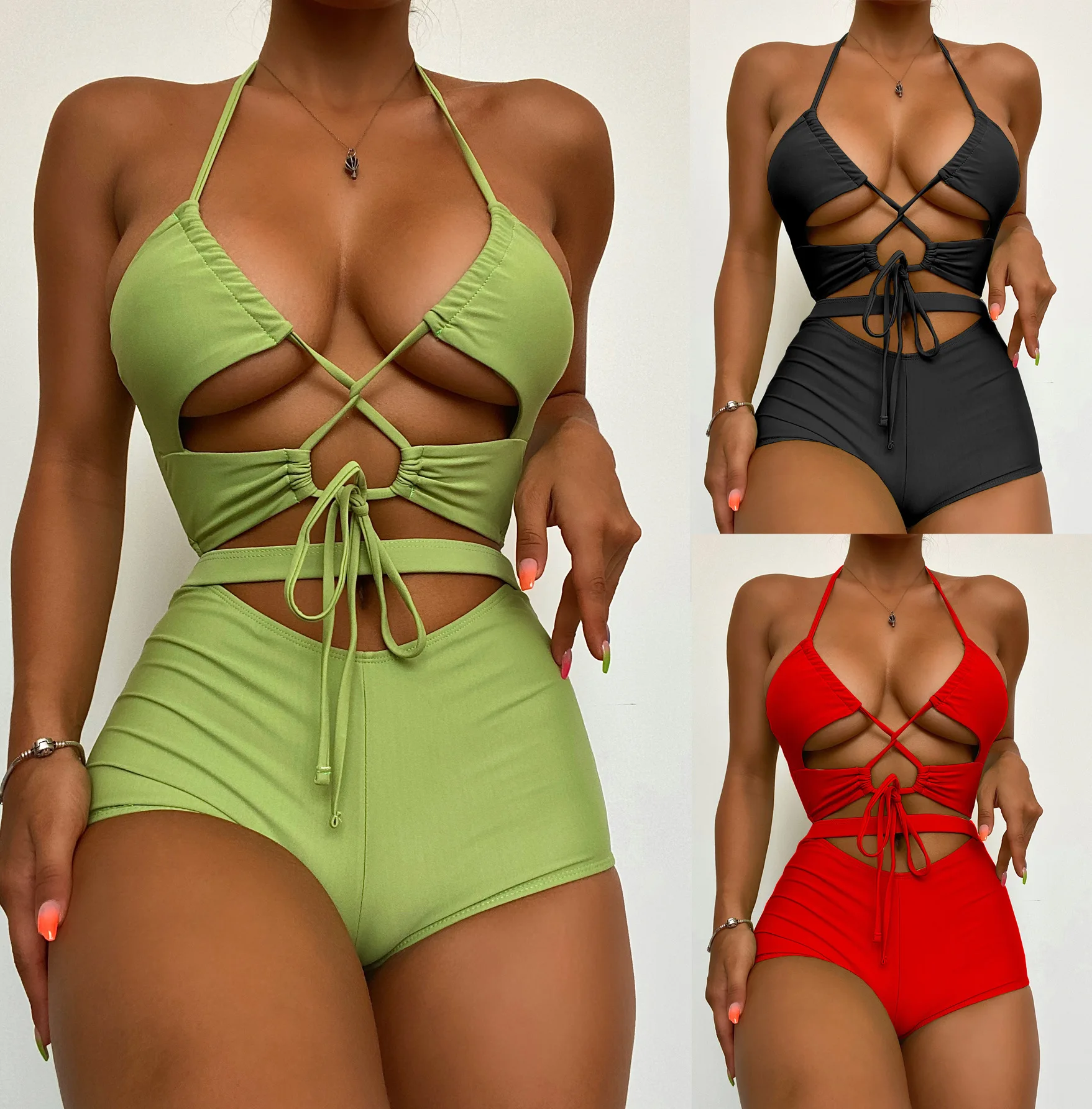 

Fashion Solid Color Lace Cut-Out Split Swimsuit Sexy Bikini Bikini