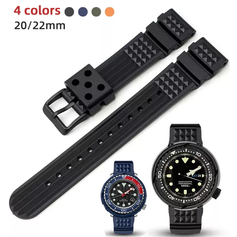 Фото Мягкий резиновый вафельный ремешок для часов 20 мм 22 мм для Seiko Skx007 Abalone Water Ghost ремешок для часов мужской черный, зеленый, синий силиконовый браслет №1