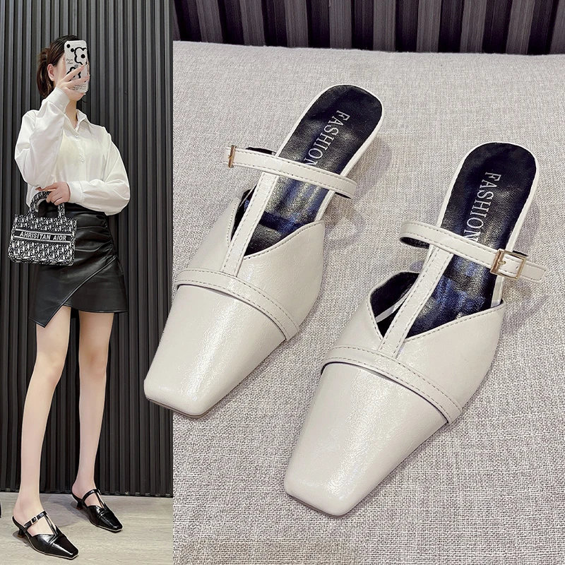 

2023 Spring Summer Brand Women Sandal Green Black White Elegant Thin Middle Heel Dress Pumps Slippers Slip on Slingback Shoes