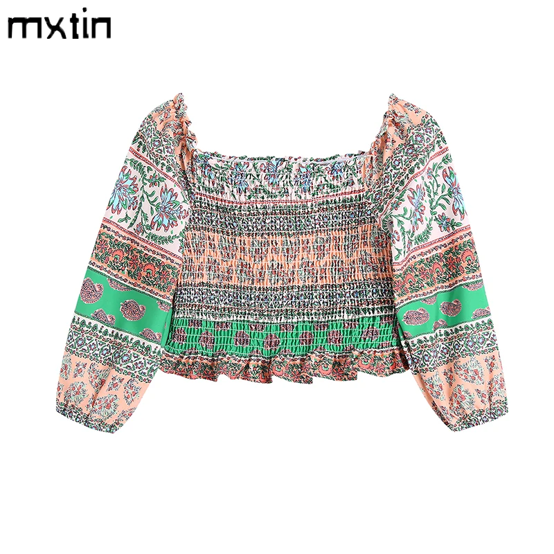 

2022 Women Summer Vintage Print Flax Cropped Blouses Fashion Square Collar Long Sleeve Elastic Waist Female Casual Chic Tops