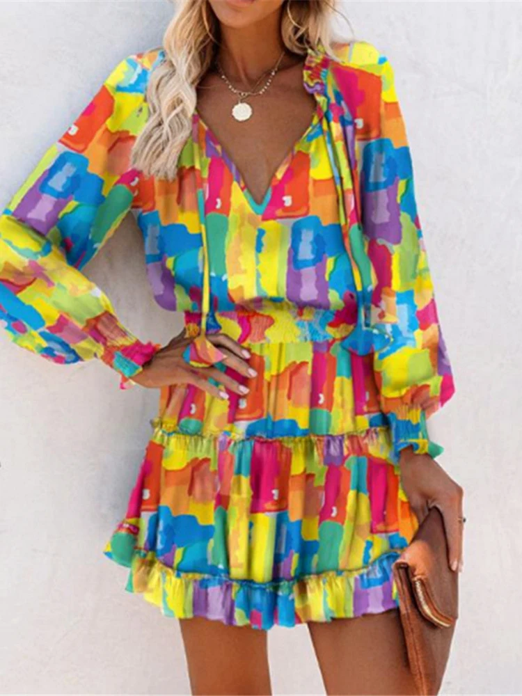 

2022 Summer Women Elegant Dresses Sexy V Neck Lace-up Floral Print Mini Dress Casual Long Sleeves Irregular Ladies Party Dress
