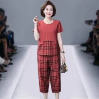 2 piece sets women summer t shirt and pants summer two piece set tops and pants middle aged print plaid casual