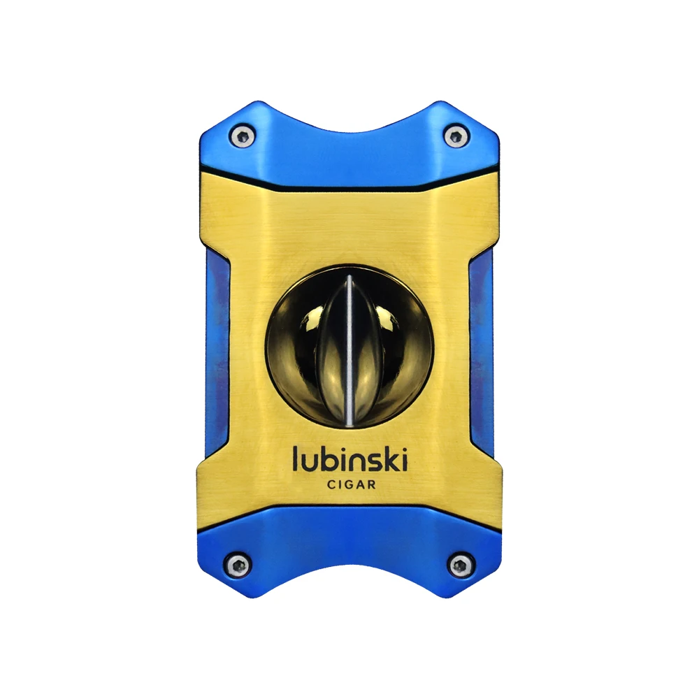 

LUBINSKI Cigar Cutter V-notch Guillontine Semi-automatic Sharp Smooth Cigarette Sheers Gold Blue Cigar Knife CT-059