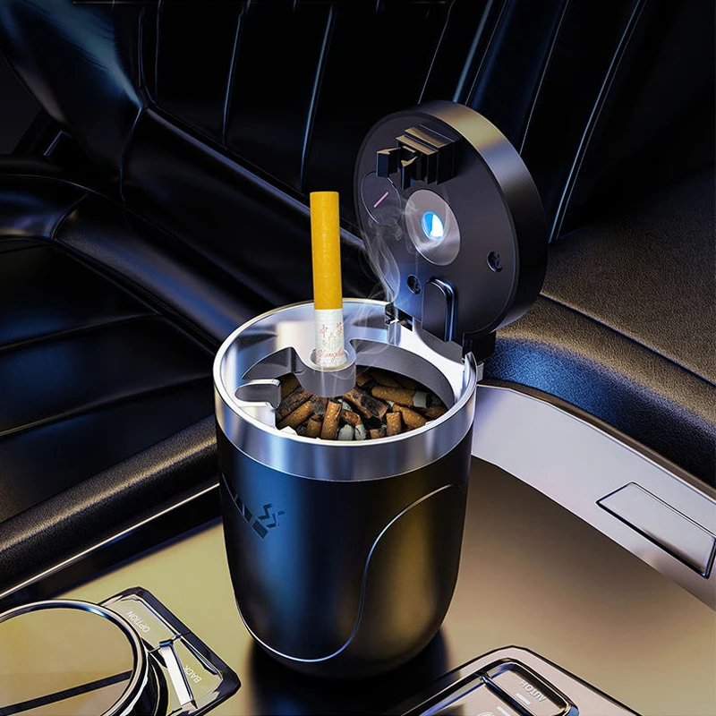 Cenicero de coche con luz LED, bandeja Universal de aleación para cenizas, taza de aluminio, sin humo, caja de soporte para cigarrillos ignífugo