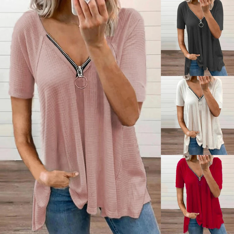 

Женская футболка с коротким рукавом, свободная повседневная футболка на молнии в стиле пэчворк, лето 2022