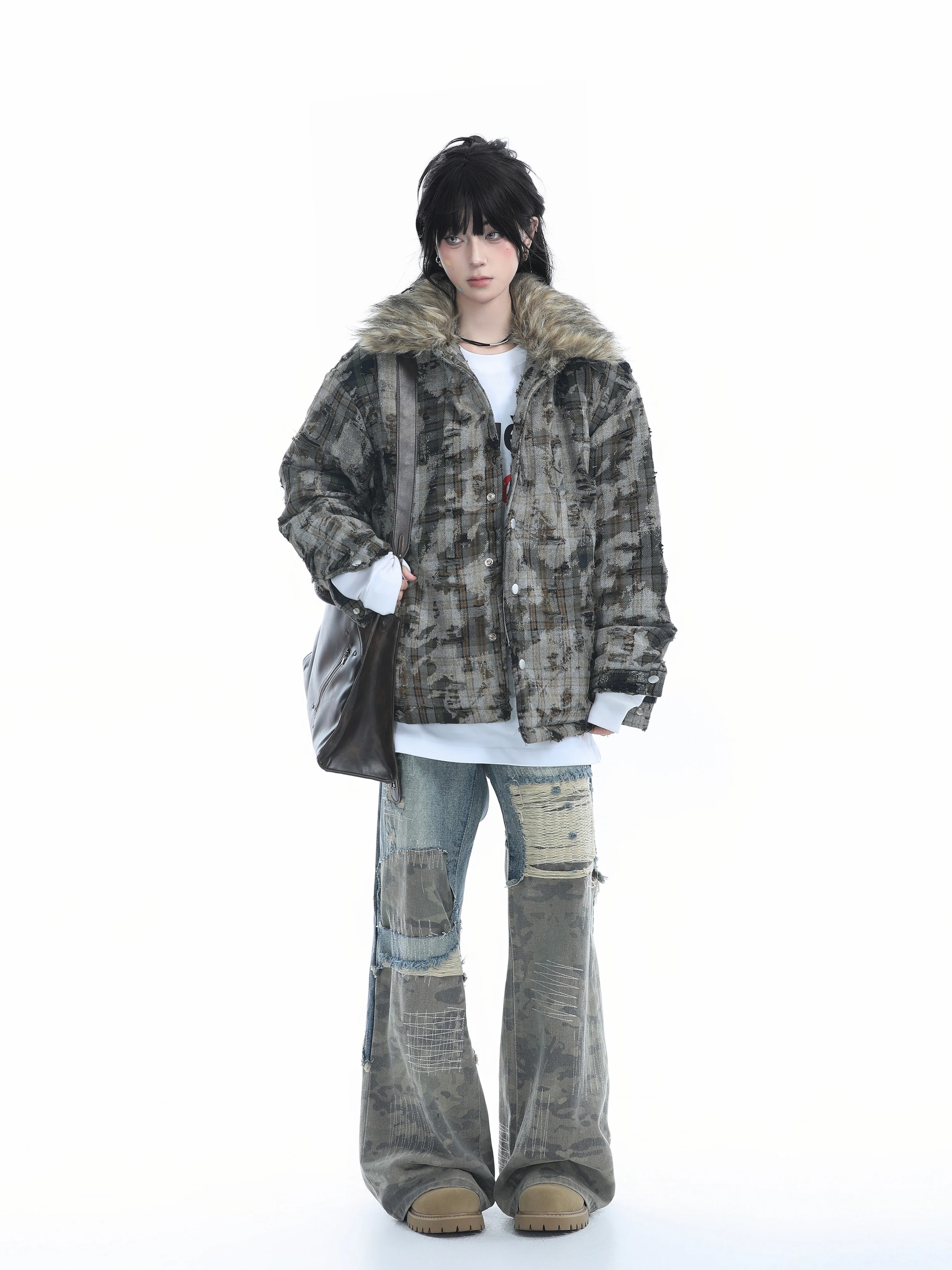 [Sitting in the Mountains] American vintage Camouflage Hood Cotton-Padded Coat for Women Winter Thickened Big Fur Collar Cott...