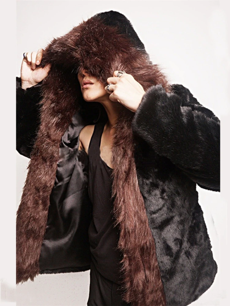 Winter Warm Faux Fur Hooded Coat Fox Fur Jacket Winter Hooded Leather Jacket