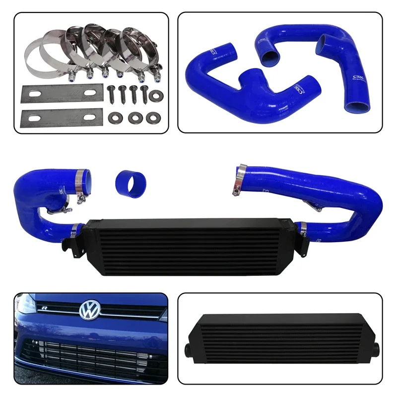 Фото Интеркулер подходит для VW Golf R GTI MK7 2.0T 15-17 передний двойной с комплектом шлангов алюминий черный/синий/красный №1