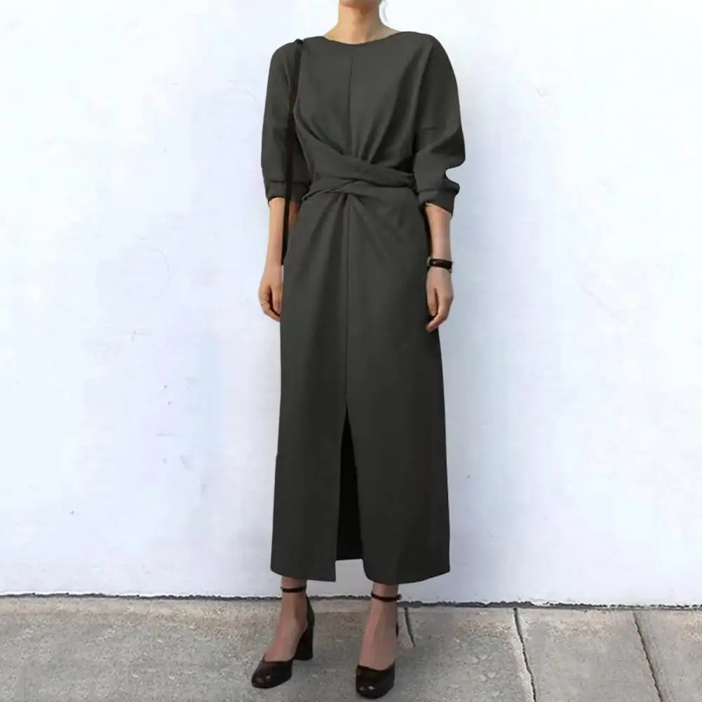 

Women Casual Dress O-neck Long Sleeve Front Casual Dress Autumn Waist Cross Lace-up Solid Maxi Dress Female Clothing