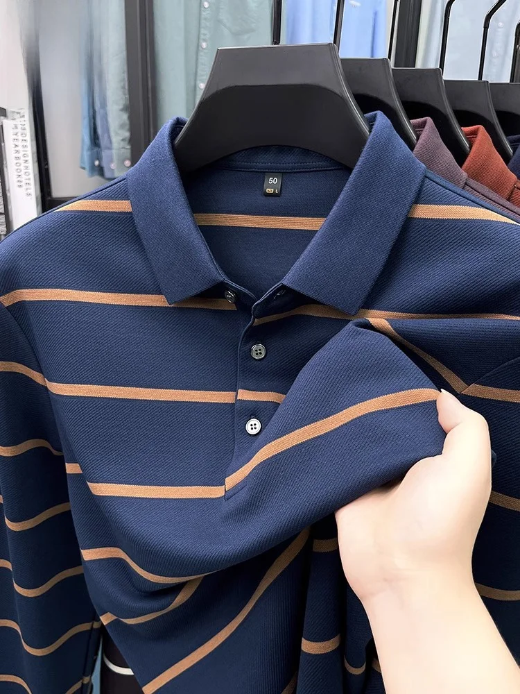 2024 Spring and Autumn New Long sleeve Polo Shirt Color Stripes Yarn-dyed Jacquard Stripe Middle-Aged Daddy Clothes High end ...