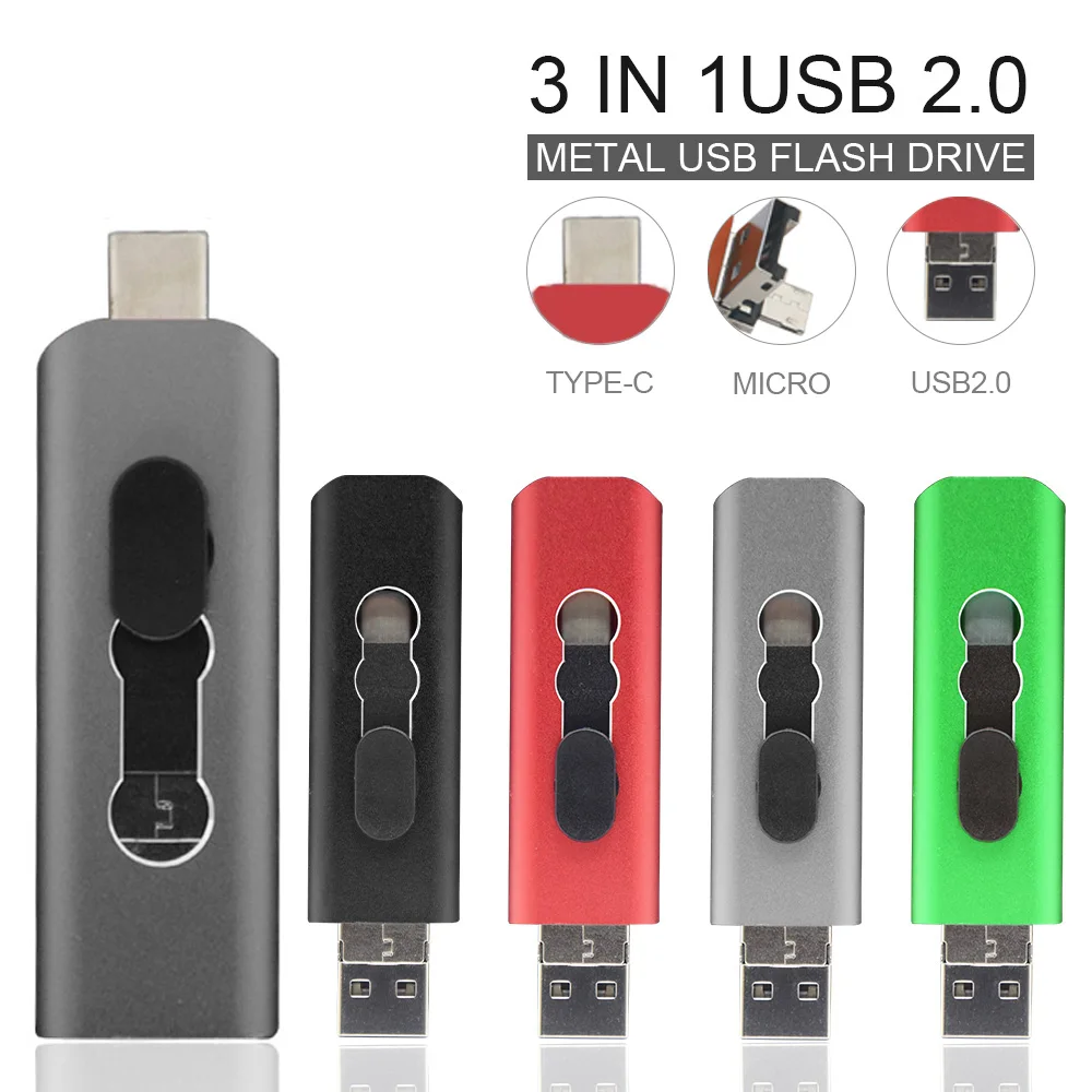 

OTG 3 in 1 USB Flash Drives USB2.0 & Type-C & Micro USB 128GB 64GB 32GB 16GB 8GB 4GB Pendrives Dual Pen Drive Cle USB