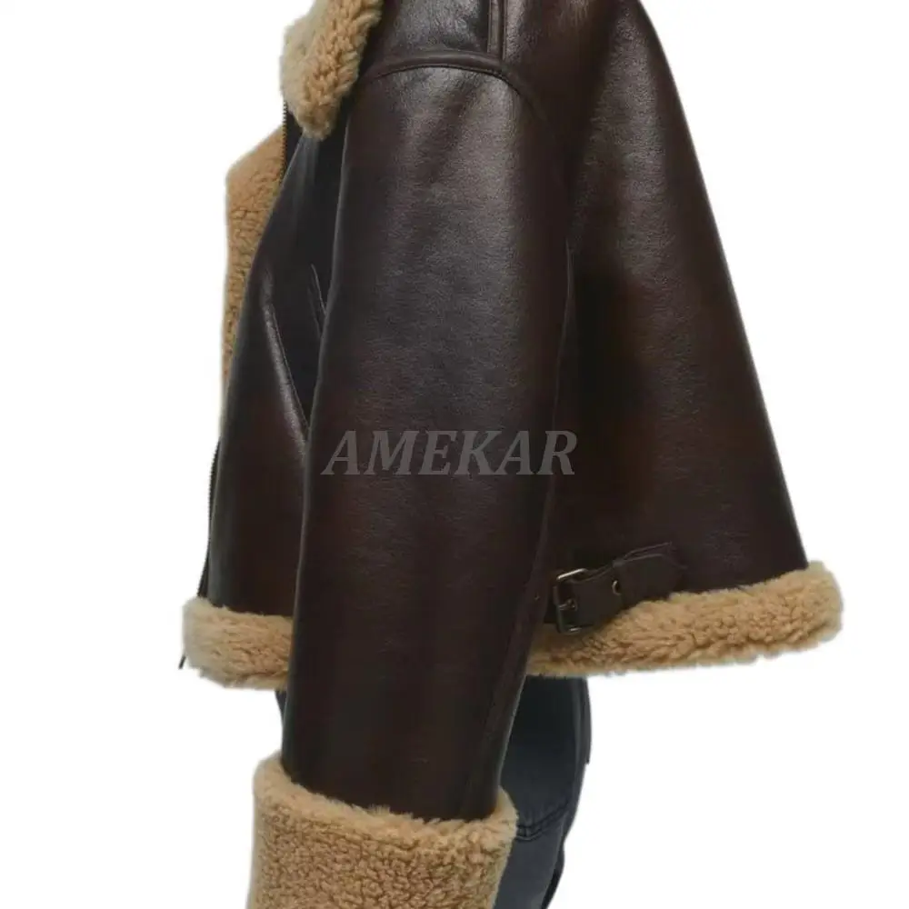 2022 Winter Woman Thick Warm Brown Faux Fur Leather Jacket Coat Female Casual Zipper Pockets Fashion Outwear Tops locomotive