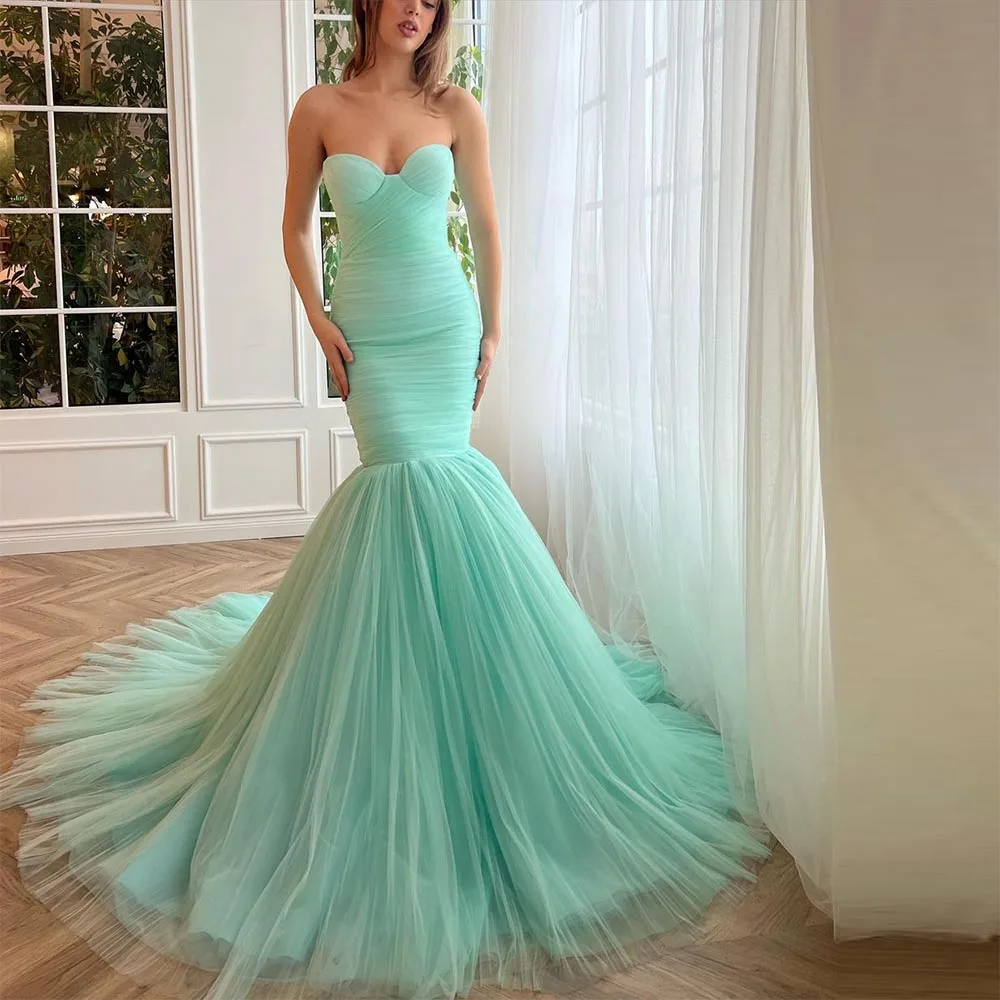 

Sevintage Mint Green Tulle Mermaid Prom Dresses Sweetheart Sleeveless Pleat Ruched Saudi Arabic Party Evening Gowns 2023