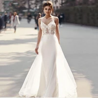 2022 boho beach mermaid wedding dress spaghetti strap sweetheart neck sleeveless lace bridal gown with backless detachable train