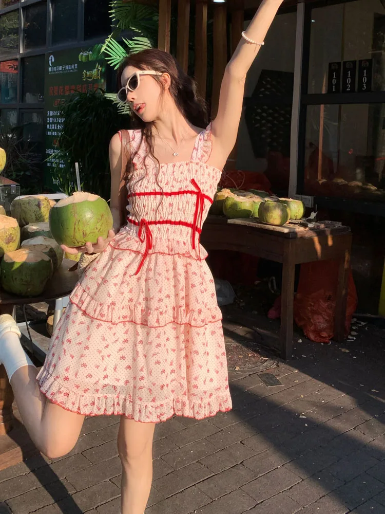 

Vintage Bohemian Floral Printing Women Mini Dresses Japanese Summer Square Collar Sleeveless Sweety Ruffles Camisole Dresses