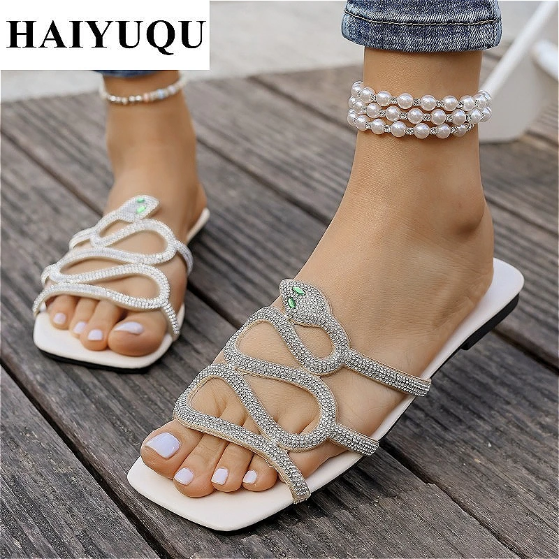 Женские тапочки на плоской подошве со змеиными кристаллами роскошные брендовые