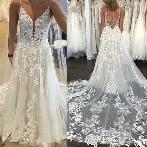 Wedding Dresses for Women Bridal Gowns Boho Deep V-neck Open Back Sleeveless Bride Lace Appliques Custom Made Vestidos De Novia