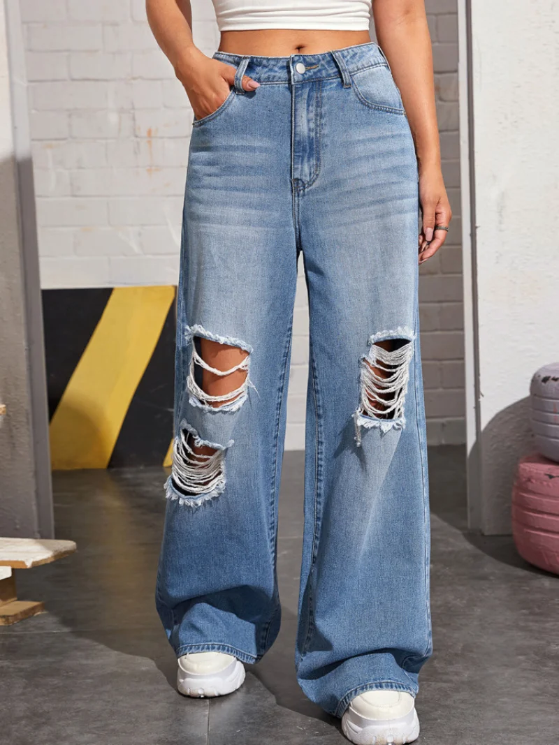 Denim High Waist Perforated Wash Fashion Jeans Women's Fashion Split Wide Leg Pants Women's Cotton Denim Loose Relaxed Mom Jeans