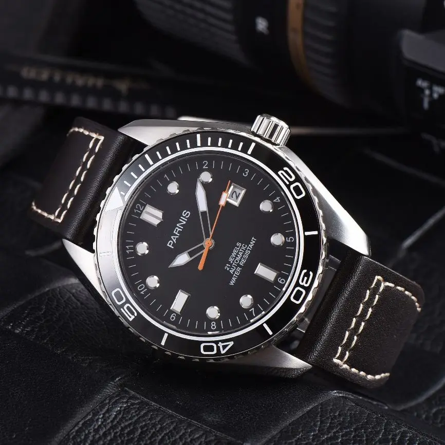 

Fashion Parnis 45mm Automatic Luxury Watch Mechanical Leather Strap Sapphire Waterproof Sports Men Watches reloj hombre Clock