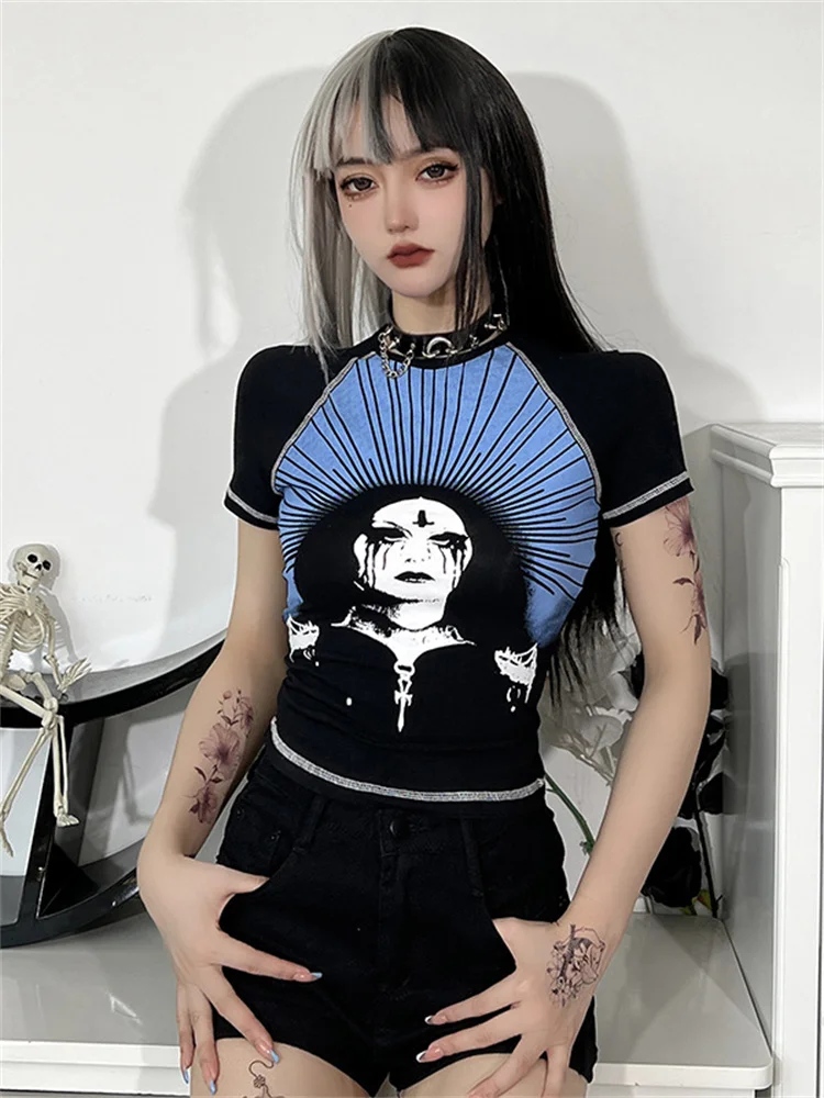 

Dark Wind 2022 Spring Summer New T-shirt Retro Sexy Print Slim Short Navel Top Women's Wear Plus Size Women Clothing Kawaii Emo