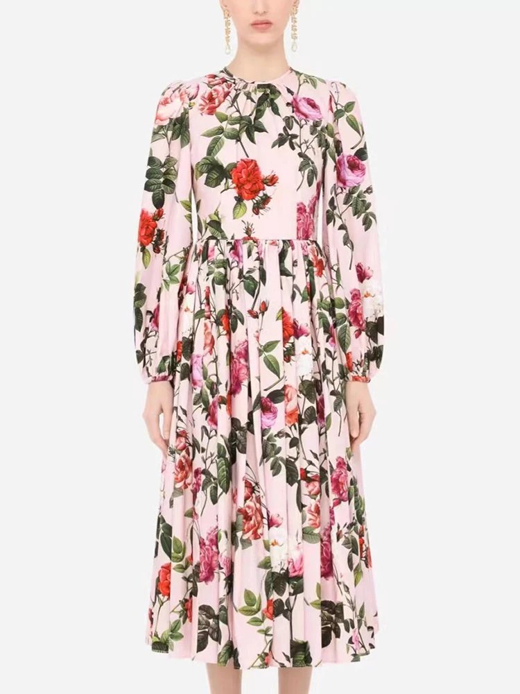 

Delocah High Quality Summer Women Fashion Designer Party Midi Dress With Belt Lantern Long Sleeve Floral Print Big Swing Dresses