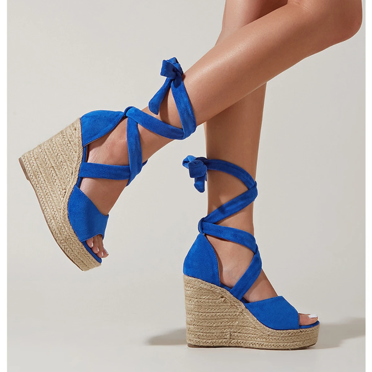 

Wedges Thick Bottom Sandals Calf Bandage Strap Gladiator's Sandals For Women Hemp Rope Wedge Peep Toe Catwalk Shoes High Heels