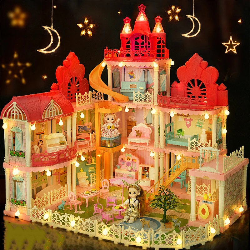 Princess Big Villa Plastic DIY Dollhouse Play House Furniture Kit With Light Assembled Doll House Toys for Girls Children Gifts