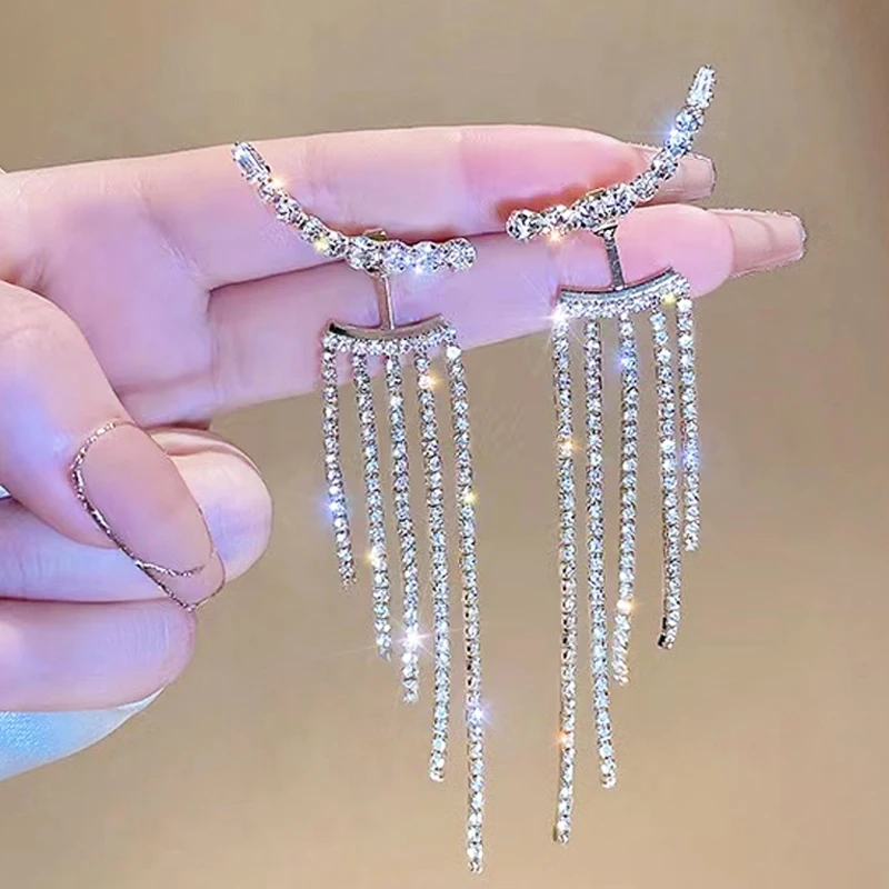 

Длинные висячие серьги с кисточками для женщин, классические Висячие серьги Стразы с кристаллами, кольцо для ушей для вечеринки, свадьбы, эс...