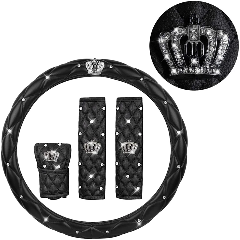 

2022 Fashion Women PU Leather Car Steering Wheel Cover Diamond Black Pink Auto Wheel Covers Cases for Lady Girls Car Accessories