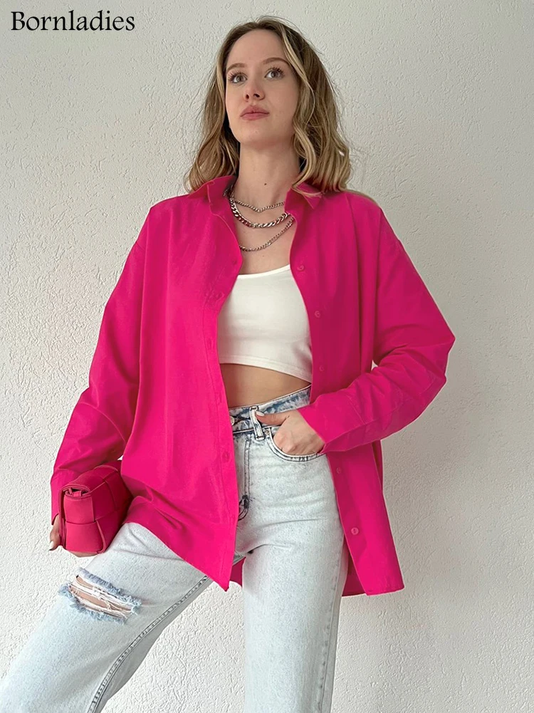 

Bornladies Classy Solid Shirts Turn Down Collar Fashion Woman Blouses 2022 Office Ladies Long Sleeve Bright Top Single-Breasted