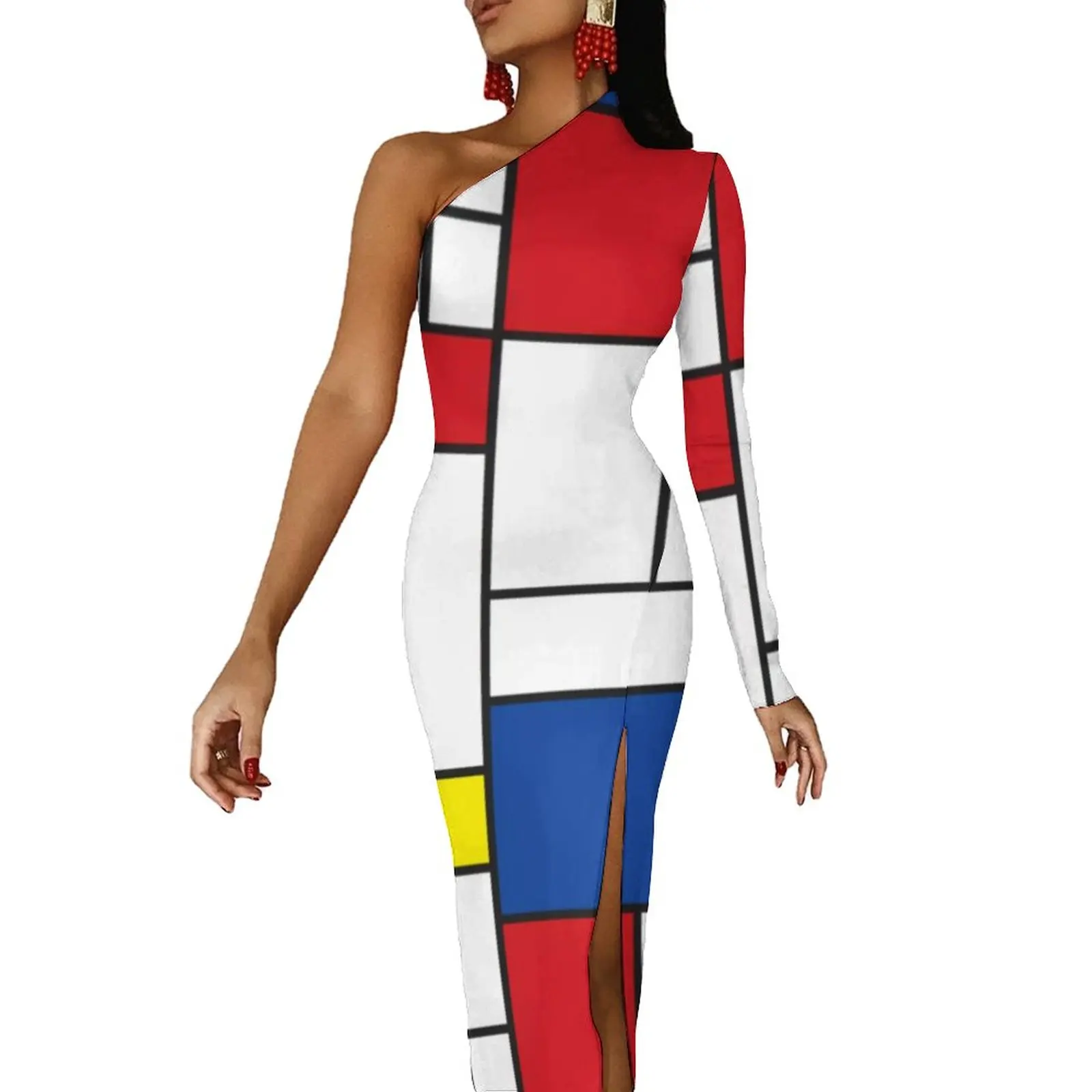 

Красочное облегающее платье с геометрическим принтом и высоким разрезом, современное художественное платье-макси для ночного клуба, вечер...