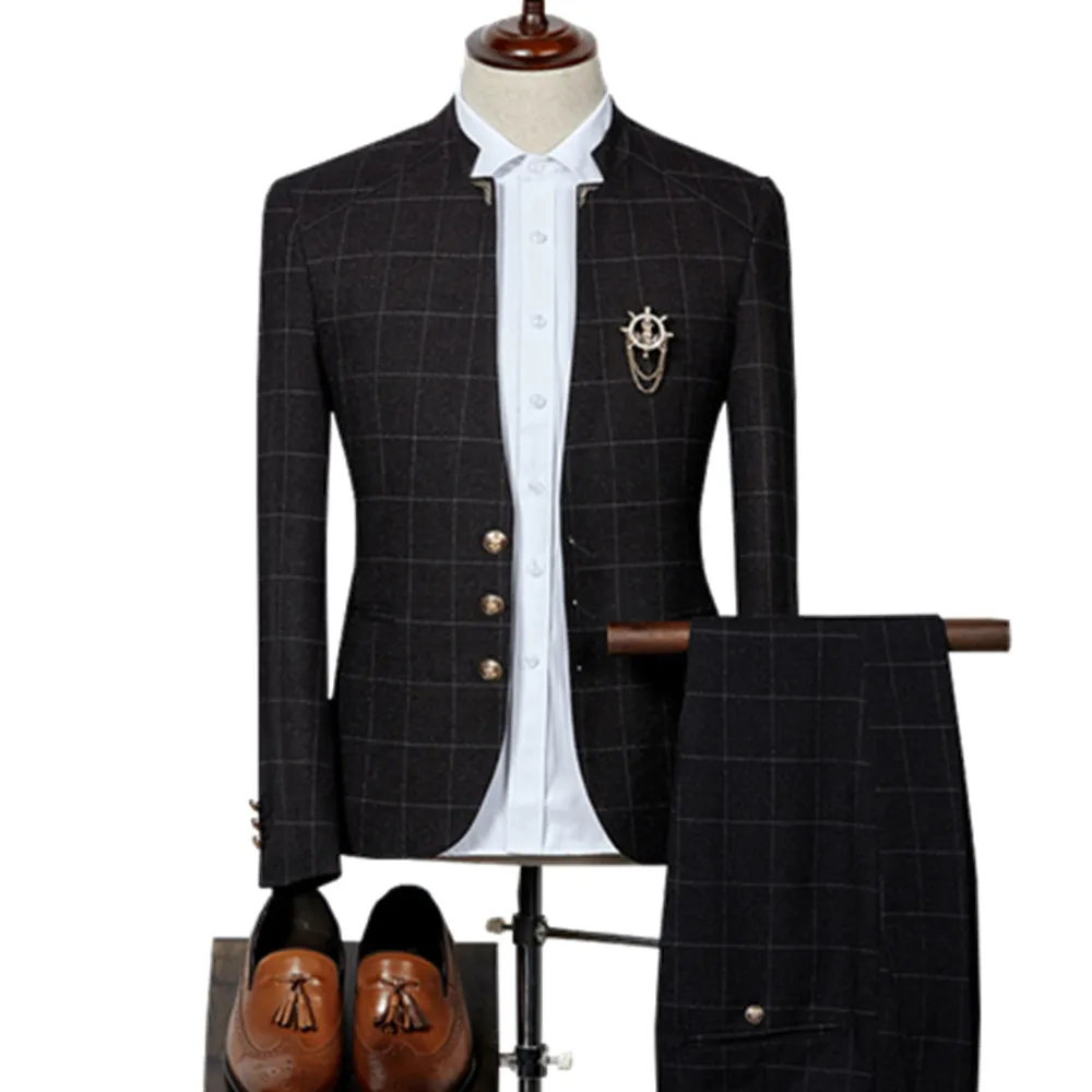 

(Blazer+ Pants) Fashion Stand Collar Men's Plaid Suit Set English Slim Party Dress Groomsman Suit High End Plus Size 3XL Suits