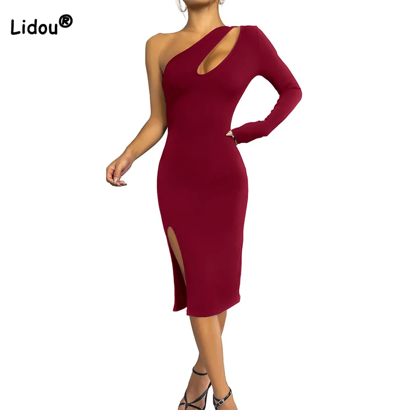 

Nightclub Fashion Solid Autumn Sloping Shoulders Long Sleeve Slim Bag Hip Dresses Sexy Hollow Out Side Slit Pullover Midi Dress