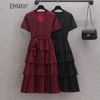 ehqaxin 2022 summer ladies short sleeve dress fashion new v neck french casual loose lace up shiny cake dresses for women m 4xl