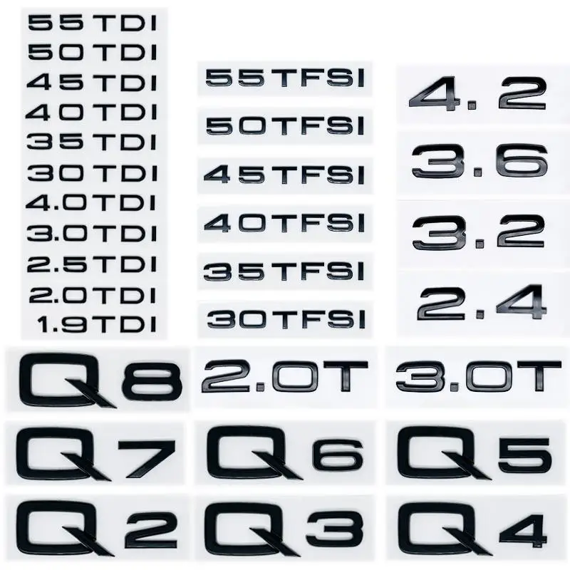 

Глянцевая черная эмблема с буквами из АБС-пластика для Audi Q2 Q3 Q4 Q5 Q6 Q7 Q8 1.9TDI/30 40TFSI 2.0T - подходит для наклейки на крыло/багажник/задний логотип