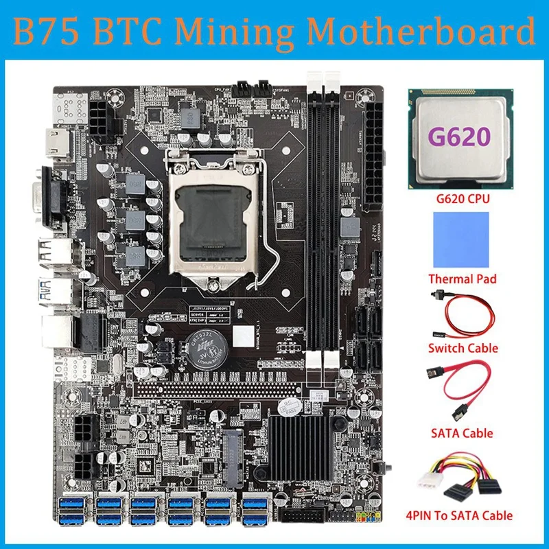 B75 ETH Mining Motherboard 12 PCIE To USB With G620 CPU+SATA Cable+4PIN To SATA Cable LGA1155 MSATA DDR3 B75 USB BTC