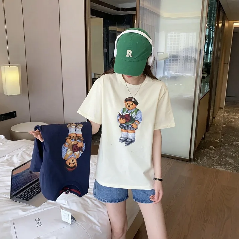 

Женская хлопковая футболка с коротким рукавом и принтом медведя