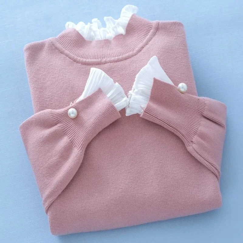 

Женский облегающий свитер составного кроя, эластичный розовый вязаный Топ с высоким воротником и длинным рукавом, модель 2023 большого размера 4XL в Корейском стиле