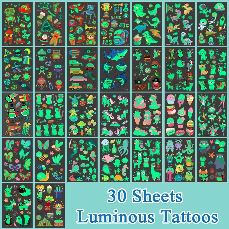 

30Sheets Mix Luminous Temporary Tattoo Stickers Cartoon Unicorn Mermaid Dinosaur Tattoos Kids Glow Party Supplies Christmas Gift