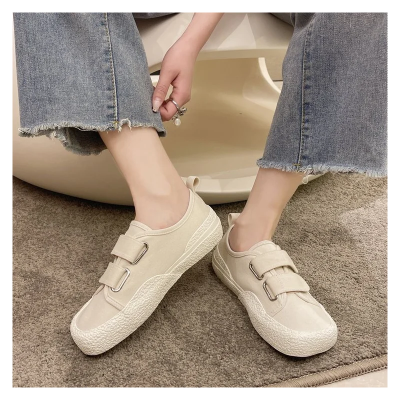 

Square Head Canvas Shoes Female 2022 New Thick Bottom White Shoes Soft Bottom Velcro Casual Single Shoes