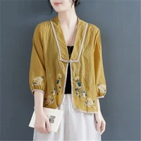 embroidered literary cotton and linen cardigan shirt womens short summer new ethnic style retro buttoned top coat