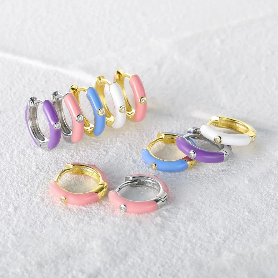 

AIDE 925 Silver Colorful Enamel Diamond Hoop Earrings Women Charming Girl Piercing Earings Jewelry Gifts Pendiente Bijoux Aretes