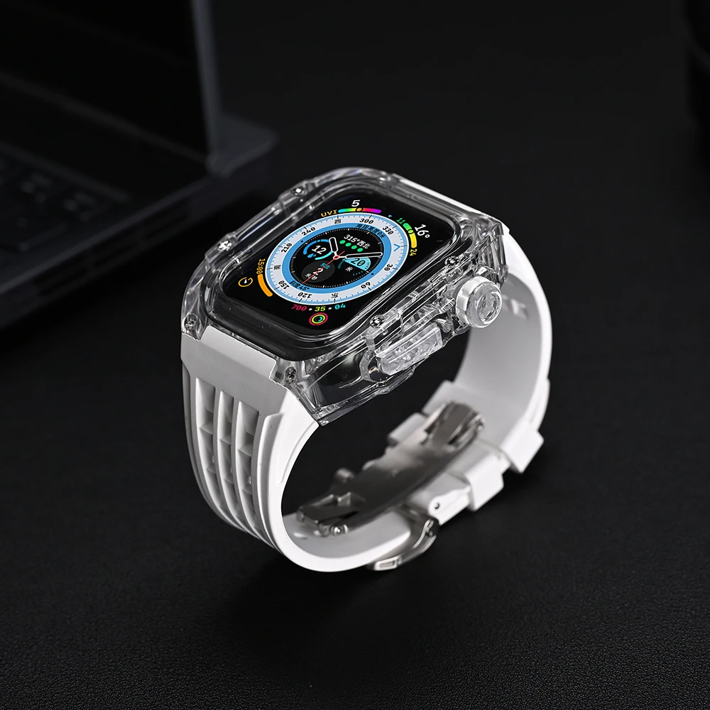 Transparent Modification Kit for Apple Watch 8 7 6 SE 5 4 Glacier Case Sports Rubber Strap for IWatch Series 44mm 45mm Refit MOD