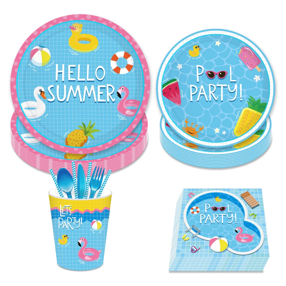 

Summer Pool Party Supplies Disposable Paper Cups Napkins Plates Swimming Theme Birthday Party Tableware Sets Favors Decoration