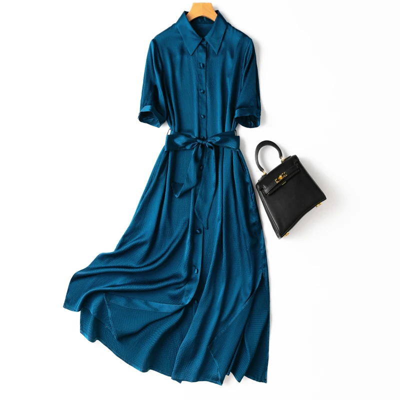 

Women 95% Mulberry Silk 5% Spandex 20 momme V neck half sleeve belted waist Solid Navy Printed Long Midi Shirt Dress 8144